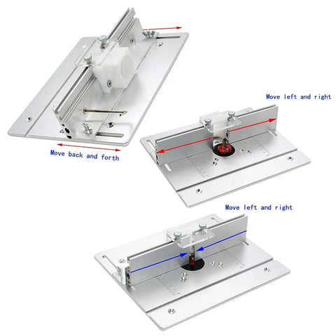 Heavy Duty Aluminum Router Table Insert Plate Featuring Beefy Back Fence And Dead Set Angle Ruler For Straight Shooting Wood Milling And Zero Drama Cutdowns, showcasing adjustable components.