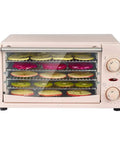 Rock Solid Five Layer Electric Food Dehydrator For Dried Fruit Fresh Veggie Chunks And Beef Jerky with sliced fruit inside, visible trays.