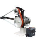 Badass Industrial Variable Speed 71 Inch Belt Grinder with 3 Grinding Wheels, showcasing motor and belts for knife making.