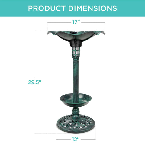 Outdoor Solar Lighted Pedestal Bird Bath Fountain With Planter And Integrated Panel, green, dimensions 17x29.5 inches