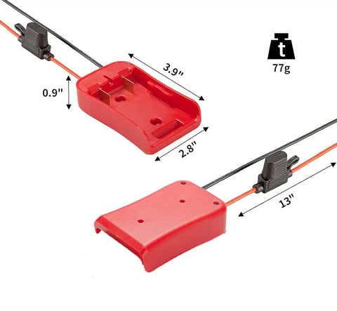 Power Wheels Battery Adapter For Craftsman 20V Battery With 14 Gauge Wire Terminals And Fuse Protection, dimensions shown.