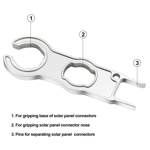 Multifunction Solar Spanner Wrench For MC4 Connectors showing gripping areas and pins for solar panel connector handling