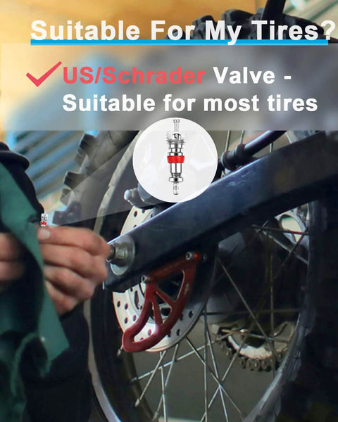 Person installing Schrader Tire Valve Core 100 Pack Durable Nickel Plated Replacement For Cars, Trucks, RVs, ATVs, with bike wheel in view