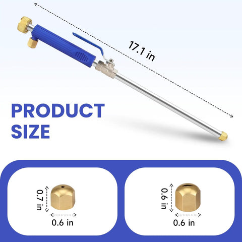 Beefy Jet Nozzle For Garden Hose With High Pressure Power Washer Wand And Two Adjustable Nozzles Copper Connectors Rugged Metal Sprayer Built For Hardcore Cleaning, 17.1-inch wand with detailed connector sizes