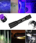 Two Pack UV Flashlight Blacklight 395nm 2 In 1 LED Tactical Flashlight And Pet Urine Detector showing multiple uses and features