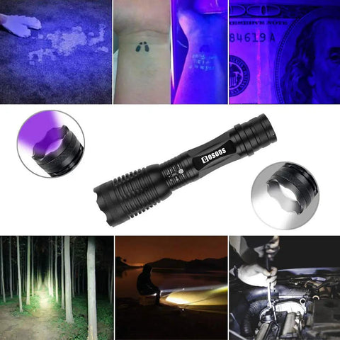 Two Pack UV Flashlight Blacklight 395nm 2 In 1 LED Tactical Flashlight And Pet Urine Detector showing multiple uses and features