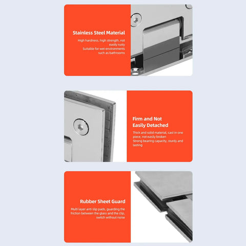 Close-up of 90 Degree Glass Shower Door Hinges For 8 To 12 mm Thick Glass with stainless steel and rubber guard features