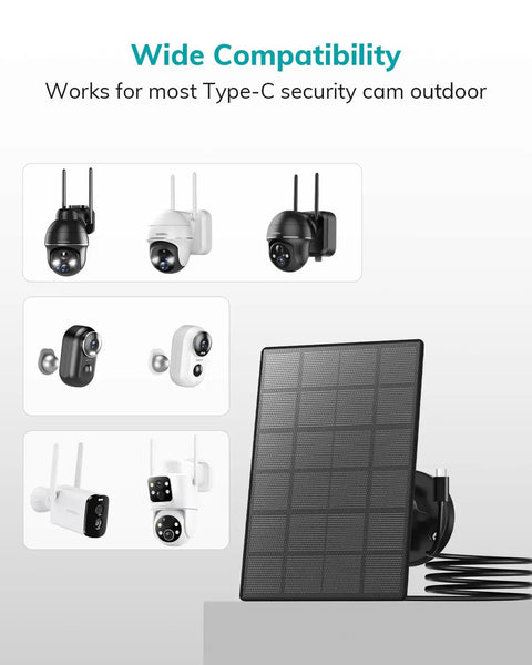 Three-Watt Solar Panel For Outdoor Wireless Cams Keeps Your Security Cam Charged All Day IP66 Waterproof Solar Charger with 10ft Type C Cable