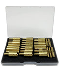 Solid Thirty Piece Gun Cleaning Rod Fitting Adapters in transparent case, brass adapters for rifle pistol cleaning use.