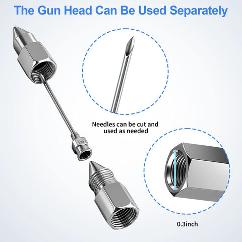 Five-piece stainless steel grease gun needle tip kit with dispenser, detachable needle tip, rubber joint, and two nozzle tips