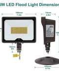 55W LED Flood Light With Dusk To Dawn Photocell Dimensions Front Side Views