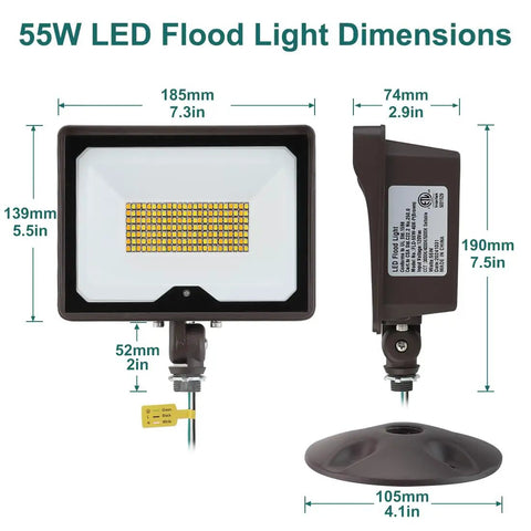 55W LED Flood Light With Dusk To Dawn Photocell Dimensions Front Side Views