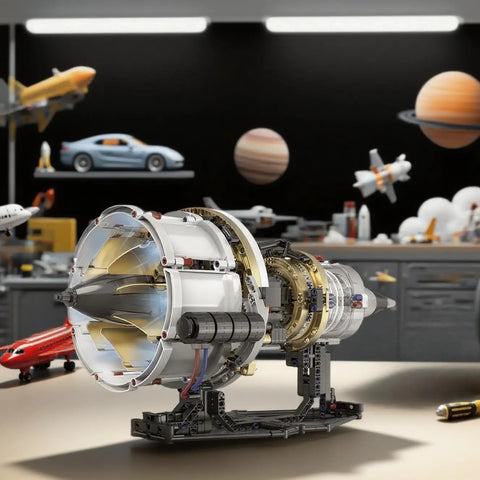 Jet Turbofan Engine Model Kit That Runs With App Control, realistic motor, lighting effects, on display with aerospace models.