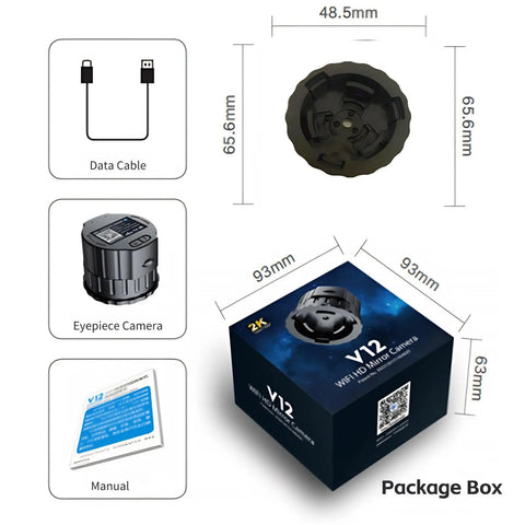 Telescope Eyepiece Camera, 4MP Digital Camera, 2K Video Recording Via App with USB-C cable, manual, and packaging dimensions.
