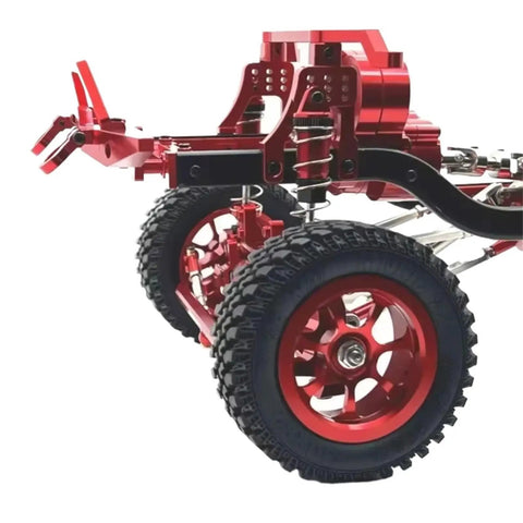 Aluminum Alloy RC Car Chassis Frame Upgrade For MN128 MN86 G500 One Twelfth Scale Crawler Vehicle showing red frame and tires