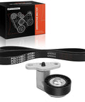Engine Serpentine Drive Belt Kit With Tensioner For 1999 To 2008 GM Trucks And SUVs Including Silverado Suburban Sierra Tahoe Yukon Escalade Avalanche And More All In One Kit With Pulleys And Easy Install Hardware, showing belt and tensioner.