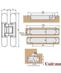 Technical diagram of Two Pack 6 Inch White Hidden Door Hinge With 180 Degree Swing And 3 Way Adjustable Butt Hinge Soft Close