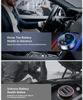 Next Gen Pure Copper Usb C Car Charger With 45 Watt Dual Port Fast Charging, mounted in car dashboard, showing battery health monitor.