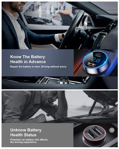 Next Gen Pure Copper Usb C Car Charger With 45 Watt Dual Port Fast Charging, mounted in car dashboard, showing battery health monitor.