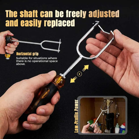 Under Sink Basin Wrench Tool With Seven Interchangeable Heads Pro Grade Plumbing Wrench For Tight Spaces And Faucet Installations Removal In Kitchen And Bathroom Home DIY held in hand with visible adjustable shaft and interchangeable head