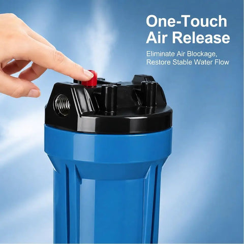 One Touch Air Release feature on Rock Solid 3 Pack 20 Inch Water Filter Housing for efficient water flow control.