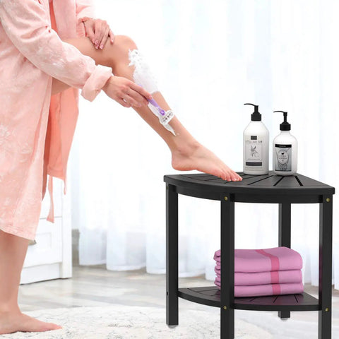 Bamboo Corner Shower Stool Bench Waterproof With Storage Shelf For Bathroom And Inside Shower Perfect Seat For Shaving Legs Easy To Clean Non Slip Black with lotions and towels