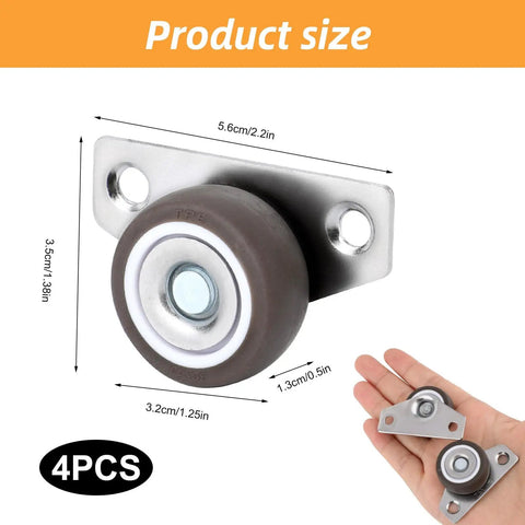 Rigid Side Mount Caster Wheels 1.25 Inch 4 Pack No Swivel With 8 Screws 35 Lb Capacity, shown with dimensions and in hand