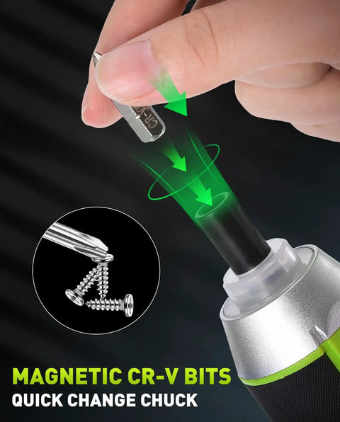 Magnetic CR-V bits being inserted into handheld Cordless 3.7V Screwdriver Set With Three Torque Settings 300 RPM 5 Nm Max Torque