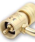Close-up of the brass connector on the Triple Head MAPP Torch With Metal Body, 360 Degree Swivel Flame, Triple Tube Design Delivers Hotter Heat For Quick Soldering, Flexible Flame Direction For Any Angle Jobs, Blue Finish Pro Grade.