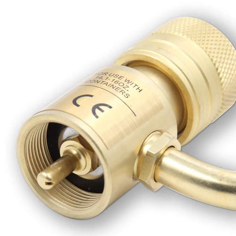 Close-up of the brass connector on the Triple Head MAPP Torch With Metal Body, 360 Degree Swivel Flame, Triple Tube Design Delivers Hotter Heat For Quick Soldering, Flexible Flame Direction For Any Angle Jobs, Blue Finish Pro Grade.