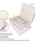 Grab And Go Removable Tray Sewing Basket With Handles For Quilting And Crafts, open view showing tray and interior pockets.