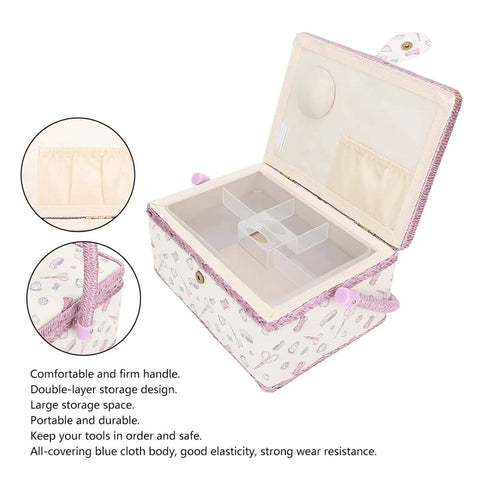 Grab And Go Removable Tray Sewing Basket With Handles For Quilting And Crafts, open view showing tray and interior pockets.