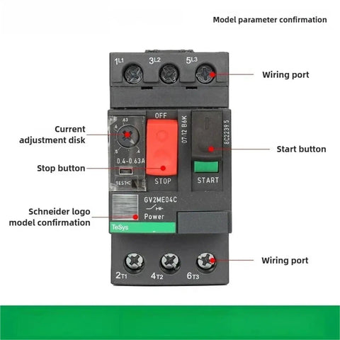 Heavy Duty 220V Electric Motor Circuit Breaker Hella Reliable Overload Protection Solid Molded Case Switch For Machinery control panel image showing buttons and adjustment disk.