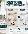 Cabinet Hardware Spray Paint, Quick-Dry Refinish for Knobs & Hinges, bottle shown with before and after cabinet hardware.