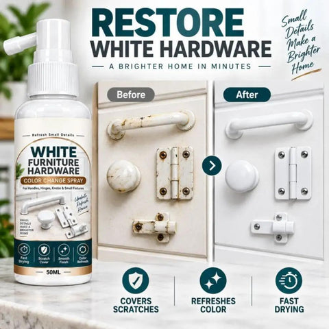 Cabinet Hardware Spray Paint, Quick-Dry Refinish for Knobs & Hinges, bottle shown with before and after cabinet hardware.