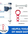Smooth As Butter Finish That Annoying Leak With This Complete 3 Inch Toilet Tank Replacement Kit Heavy Duty DIY Toolkit Stops Noise Instant Quiet Refill Saves Cash Quick Fix with adjustment tools shown.