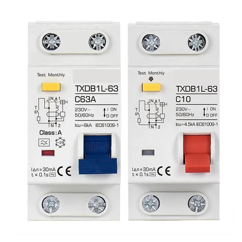 RCD Type A RCBO Residual Current Circuit Breaker 230V AC, dual protection units, TXDB1L-63 model, C63A and C10.