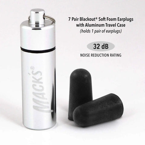 Blackout Soft Foam Earplugs With 32 dB NRR, 7 Pairs Plus Travel Case shown with aluminum keychain case