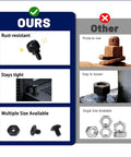 Comparison of rust-resistant and rust-prone screws highlighting features and size availability of the Slick Desktop PC Assembly Screwdriver Kit.
