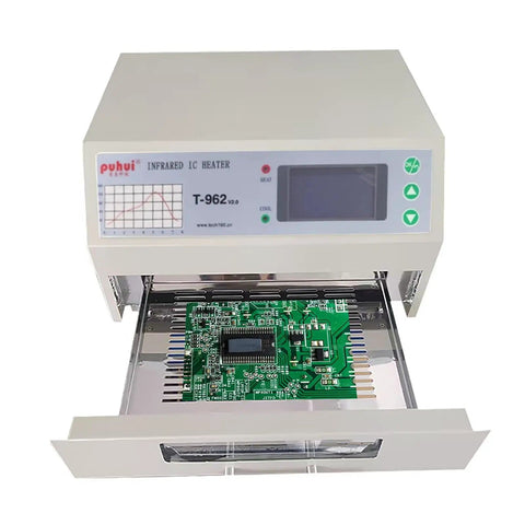 Smart Auto SMD Reflow Oven With Infrared IC Heater 110V 800W Soldering Station for PCBs and Aluminum Substrates, open with PCB