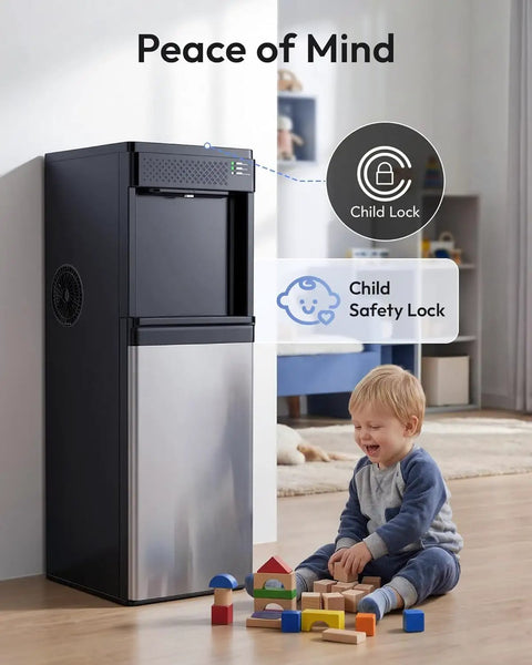 Top Shelf 4-In-1 Countertop Water Dispenser Plus Fast Ice Maker With Bottom Loading Cooler Hands Hot Cold Or Mild Drinks Makes 33 Lbs Of Quick Chill Cubes Daily Boasts Child Lock For 3 5 Gallon Bottles For Smooth Office Hydration In Glossy Black next to a child playing with blocks.