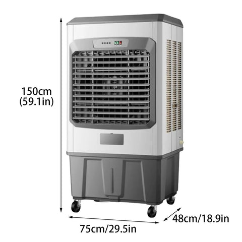 Heavy Duty Portable Swamp Cooler With Three Kickin Speeds And Industrial Evaporative Cooling Tech Powers Any Patio Or Garage standing unit, 150cm tall, on wheels.