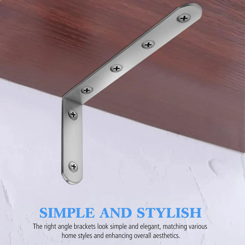 Tough As Nails Heavy Duty Stainless Steel L Brackets Pack Of 10 With Screws for wood shelves and furniture, mounted on a wooden surface.