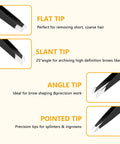 4 Piece Stainless Steel Tweezers Set Black Finish For Precision Grooming And Brow Game, showing flat, slant, angle, pointed tips.