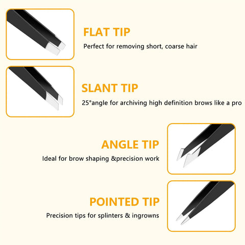 4 Piece Stainless Steel Tweezers Set Black Finish For Precision Grooming And Brow Game, showing flat, slant, angle, pointed tips.