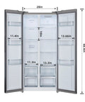 Interior view of Killer Side By Side Refrigerator In Matte Black Offering 15.6 Cubic Feet Of Straight Up Family Storage Plus Huge Freezer Section For Your Ultimate Kitchen Flex.