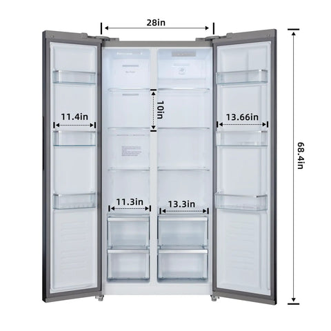 Interior view of Killer Side By Side Refrigerator In Matte Black Offering 15.6 Cubic Feet Of Straight Up Family Storage Plus Huge Freezer Section For Your Ultimate Kitchen Flex.
