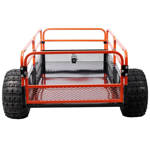 Front view of Heavy Duty 1500 Lb Dump Trailer For ATVs And UTVs With Solid Steel Bed And Removable Side Rails All Terrain Tires