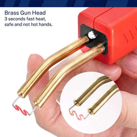 Red Plastic Weld Kit with brass gun head detail for DIY car bumper and plastic part repairs using hot staples, fast fix.