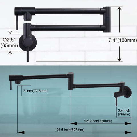 Solid Brass Pot Filler Faucet With Matte Black Finish Wall Mount Folding Kitchen Sink Filler Faucet Retractable 360 Degree Swivel No Fuss Single Hole With Dual Handles For Stove And Sink, showing full dimensions.